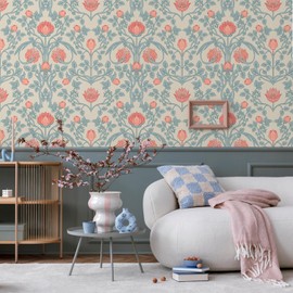 VEELIKE Retro Art Nouveau William Morris Wallpaper Peel and Stick Beige Vintage Floral Wallpaper for Bedroom Bathroom 17.7''x354'' Removable Art Deco Wall Paper Foral Contact Paper for Cabinets Walls