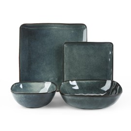 Famiware Ocean Square Plates and Bowls Sets for Kitchen, 16-Piece Dinnerware Sets for 4, Reactive Glaze, Deep Forest