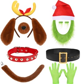 JcHrmers 9 Pcs Christmas Green Monster Costume Set Including Green Santa Furry Mustache Eyebrow Antler Dog Ears Headband with Collar Nose Tail Santa Hat for Xmas Party Dress Up Supplies