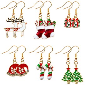 Caviquen 6 Pairs Christmas Earrings, Xmas Dangle Earrings Christmas Stud for Women Christmas Reindeer Stocking Gift Tree Hat Crutches Bulk Cute Jewelry Merry Christmas Party Supplies