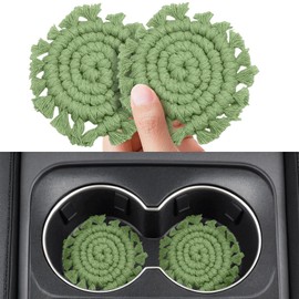 2 Pack Cotton Car Coasters for Cup Holders, Car Cup Coasters Drink Holder Cute Macrame Boho Cup Holders Car Interior Accessories for Women(Dark Green)