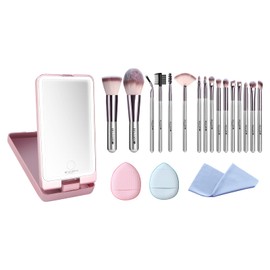 20PCs Travel Makeup Brush Set, Travel Makeup Brushes, Foundation Concealer Powder Eyeshadow Brush Set Contour Blush Eyebrow Eyelash Brush Kit with Led Light Mirror Case & Powder Puffs-Purple Gray