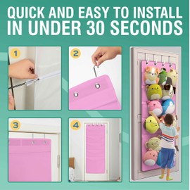 Stuffed Holder - Over the Door Space Saving Storage Solution with 5 Large Pockets - Quick 1-Minute Installation - Organize and Display Stuffie- Durable and Easy Access for Kids (Pink)