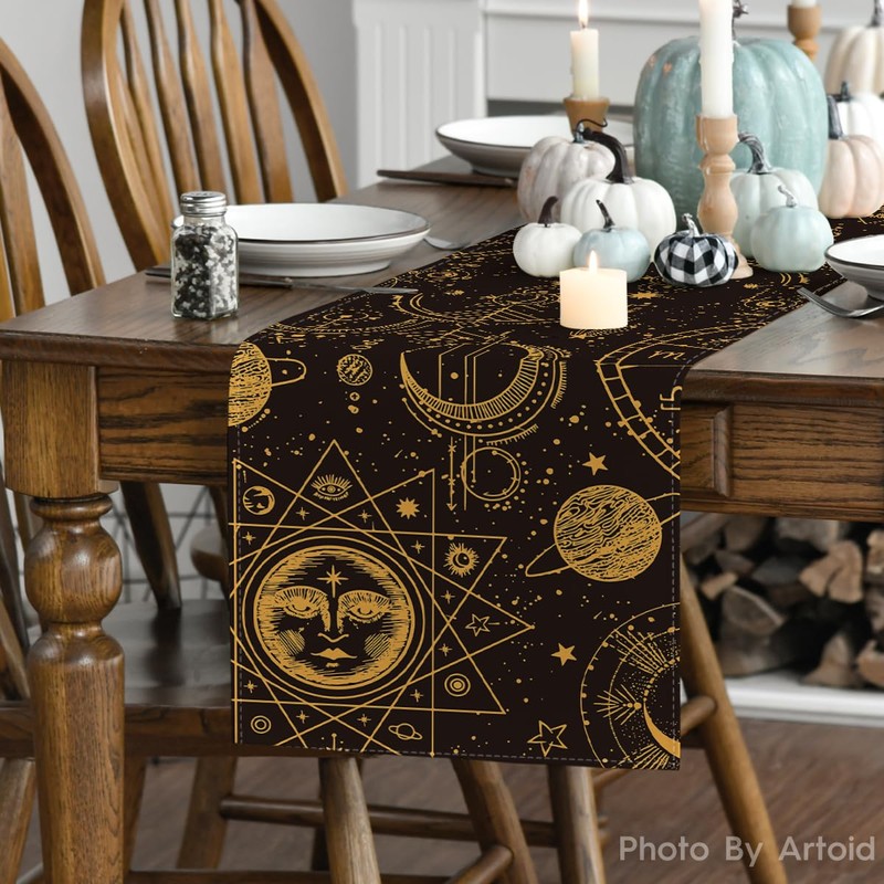 Artoid Mode Black Gold Astrology Occult Moon Magic Table Runner,