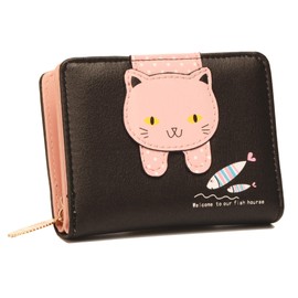 Ecohaso Wallets for Girls Women Purses for Teens Cute Cat Wallet Kitty Pattern Coin Purse Small, Black, S, Casual