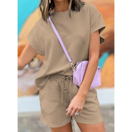 Dokotoo Workout Sets For Women Short Sleeve Sweatshirts Sweatpants With Pockets Summer Outfits 2025 Spring Casual Cute Valentines Pajamas For Women Khaki Small