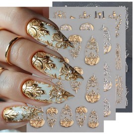 4 PCS 5D Embossed Flower Nail Art Stickers Self Adhesive Gold Silver Floral Heart Tree Manicure Accessories French Nail Stickers for Women