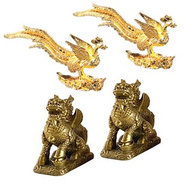 Famimueno Qilin Phoenix Feng Shui Figurine Spiritual Amulet Incense Holder Good Fortune Protection Yoga Money Luck (2 Gold Phoenix Incense Holders + 1 Pair of Qilin (2 Pieces) Set
