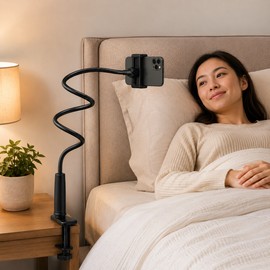 Flexible Gooseneck Phone Holder, 360° Adjustable Bed & Desk Clamp Mount, Hands-Free Stand, Compatible with iPhone & Android Smartphones – Black