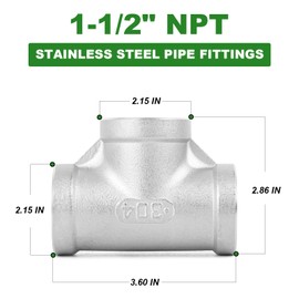 TAISHER 2PCS 304 Stainless Steel Tee Pipe Fittings, 1-1/2" x 1-1/2" x 1-1/2" NPT Female Pipe Fittings