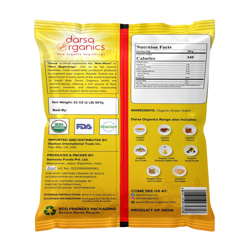 Darsa Organics Green Beans Whole Moong - 2 lb, USDA