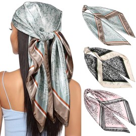 Generisch Headscarf for Women, Pack of 3 Large Square Satin Headscarves, Silk Feel Hair Bandana, Scarf, Boho Head Wrap Headwear, Multi-coloured.