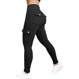 Madrirdma Women High Waist Cargo Leggings Workout Leggings Tummy Control Yoga Pants with Pocket Black