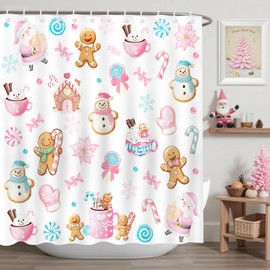 Mocsicka Christmas Shower Curtain Cute Xmas Snowman Gingerbread-Man Santa Claus Shower Curtain for Christmas Bathroom Decor Waterproof Fabric Winter Snowflake Bath Curtain, 72 X 72inch