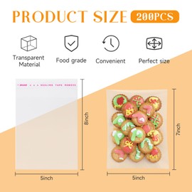 200 Pcs 5x7 Self Sealing Cellophane Bags, 5 x 7 inches Clear Cookie Bags with Seal, Small Resealable Individual Cello Bags for Cookie Packaging Gift Giving, Candy, Pretzels, Treats and Party Flavors