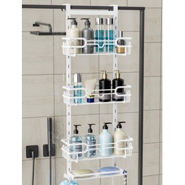 Consumest Over The Door Shower Caddy - 4 Tier Adjustable Hanging Shower Organizer Shelf with 2 Soap Holders & 22 Hooks, Rustproof Easy Installation Hanging Storage Rack for Bathroom, White