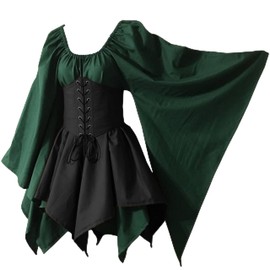 Resnan Women's Renaissance Medieval Costume Flare Sleeve Corset Skirt Overskirt Fancy Dress Irish Over Gown 2pcs Set (47Green, Large)