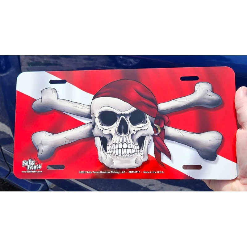 Salty Bones Skull and Crossbones on Dive Flag License Plate