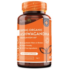 Organic Ashwagandha KSM-66® with 5% Withanolides - Vegan Friendly with The Highest Concentration Most Bioavailable Full-Spectrum Root Powder - Made in The UK by Nutravita