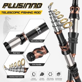 PLUSINNO Fishing Rod and Reel Combos - Carbon Fiber Telescopic Fishing Pole - Spinning Reel 12 +1 Shielded Bearings Stainless Steel BB - Size: 2.7M 8.86FT, Color: 2PACK Full Kit with Carrier Case