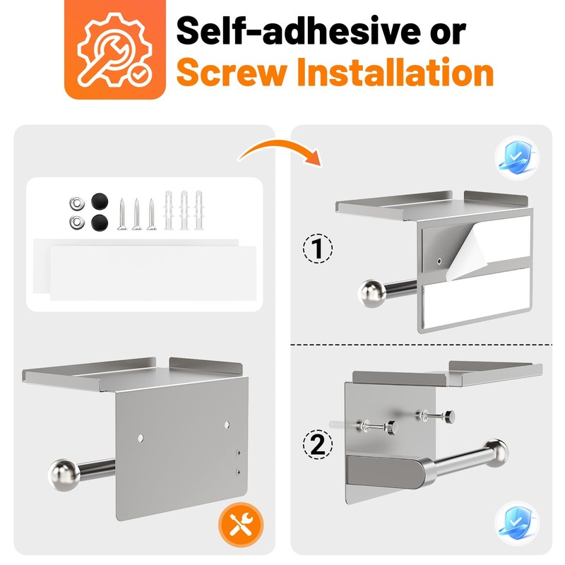 StackTastic Silver Toilet Paper Holder with Shelf - Wall Mount,