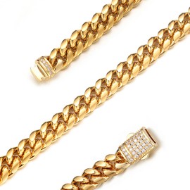 JovJewelry Mens Heavy Miami Cuban Link Chain Necklace Stainless Steel 18K Gold Plated Hip Hop Jewelry For Men Women Wide 6mm/10mm/14mm with Bling CZ Diamond buckle Necklace or Bracelet (30inch,10mm)