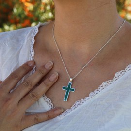 ECHMECK Sterling Silver 925 Green Malachite Cross Handmade Pendant Necklace 45+5cm Chain for Women Men - Unisex