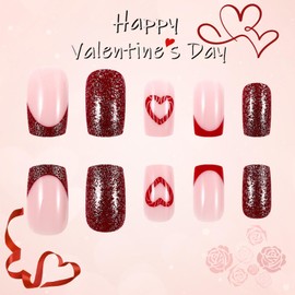 24 Pcs Medium Square Dark Red Love Heart Acrylic False Nails Candy Cane Stick on Nails Valentines Press on Nails Glossy Silver Glitter Fake Nails Romantic Valentines Gel Glue on Nails for Women Girls
