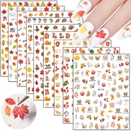 Thanksgiving Fall Nail Art Stickers-Maple Leaf 3D Self-Adhesive Decals Design, Holographic Autumn Flowers Leaves Pumpkin Turkey Nail Decoration for Women Girls Manicure DIY Nails Supplies (9 Sheets)