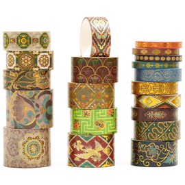 Songdao Japanese Paper Tape Chinese Old Fashion, Set of 20 Rolls | Gold Foil Filled Palace Pattern, Classical Design / Multiple Sizes for Planner, Scrapbooking, DIY, Gift Wrapping | 30, 25, 20, 15, 10
