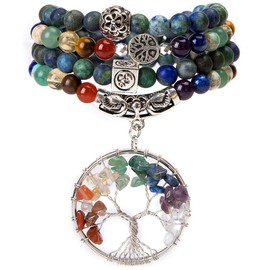 Bivei 108 Mala Beads Bracelet - 7 Chakra Life Tree Real Gemstone Yoga Meditation Mala Prayer Bead Necklace(Azurite Malachite Stone)