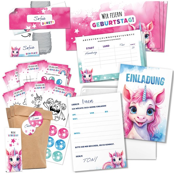 Invitation Cards Children's Birthday Girl Pink Unicorn Party Set –