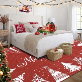 GarveeHome Large Christmas Area Rug 9x12 Ft Merry Chrismas Xmas Tree Rug Soft Washable Decorative Holiday Floor Carpet, Low Pile Anti Slip Living Room Rugs, Stain Resistant Rug for Home Decor, Red