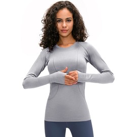 LUYAA Seamless Workout Shirts for Women Long Sleeve Quick Dry Gym Athletic Running Tops Light Gray