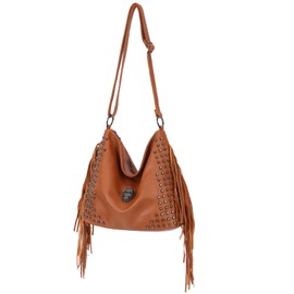 Oweisong Western Fringe Purse for Women Hobo Leather Skull Gothic Crossbody Bag Black Punk Shoulder Bag