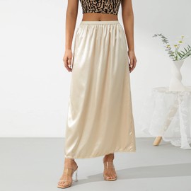 Edhomenn Women's Satin Half Slips Solid Color Long Underskirt Elastic Waist Inner Lining Midi Skirt Y2k Ladies Petticoats Under Dresses (02 Champagne, XXL)