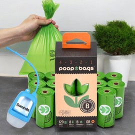 The Original Poop Bags Dog Poopbags, Plant-Based, 9x13 Inch, 120 Count, Green Leak-Proof Dog Waste Bags, | Bundle With Suretails Hand Sanitizer Dispenser,Plant Based Poop Bags, Countdown Rolls, Pack