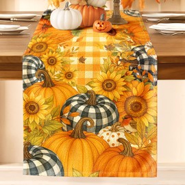 Miss Adola Pumpkin Plaid Fall Table Runner - 13"×72" Thanksgiving Table Runner with Sunflower for Fall Decor, Seasonal Harvest Autumn Thanksgiving Decorations for Home, Dining Room, Kitchen, Parties
