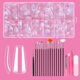 DOINEUFL American Nail Tips - 600 Pieces Nail Tips in 10 Sizes, 15 Nail Art Brushes, 4 Manicure Tools, Suitable for Nail Art Beginners, DIY Complete Manicure for Home