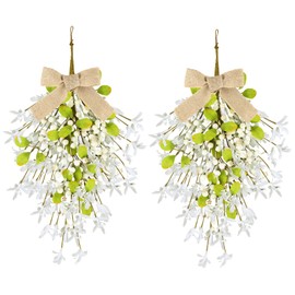 22" Christmas Winter Wreaths for Front Door 2 PCS Winter Teardrop Swag Artificial Forsythia Wreath with White Berries for Winter Christmas Farmhouse Indoor Outdoor Porch Wall Window Decor
