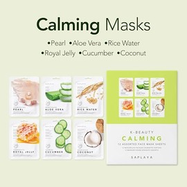 Saplaya K-Beauty Facial Skincare Natural Beauty 12 Piece Multi-Pack Face Sheet Masks Balanced Skin Care Made In South Korea (Calming (Royal Jelly, Cuc