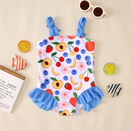 Ritatte Toddler Baby Girls Swimsuit Fruit One Piece Bathing Suit Flower Sleeveless Swimwear Summer Strap Ruffled Beach Wear(Blue-Fruit,2-3T(110))
