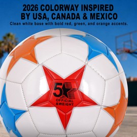 KUYOTQ Soccer Ball, 2026 Colorway Design Inspired by USA, Canada & Mexico, Thickened PU Cover, Soft Touch Wear-Resistant Surface, Nylon-Wound Bladder, Size 5 for Youth Adults