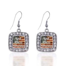 Inspired Silver - God Bless America - Silver Dangle Earrings for Women - Square Charm Earrings French Hook Drop with Cubic Zirconia - Women's Dangly Earrings Jewelry Gift