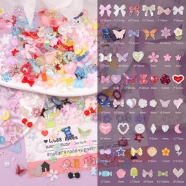Tatiwoo 3D Assorted Nail Charms and Silver Nail Studs, Mix Color Bowknot Heart Flower Butterflies Acrylic Nail Art Charms Tiny Star Heart Cross Moon Rivets Gems for Nails Art DIY Supplies
