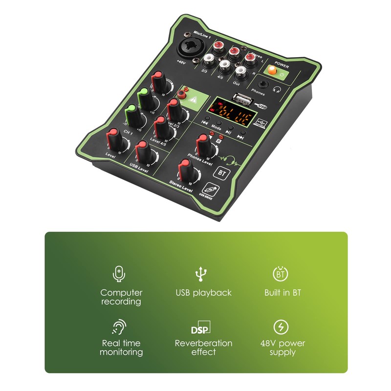 Audio Mixer, 5-Channel Compact Audio Mixer Sound Mixing Console 48V