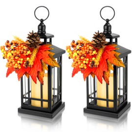 Tuanse 2 Pcs Fall Decorations for Home Rustic Metal Lantern Decorative 14 inch Thanksgiving Indoor Outdoor Decor Candle Holder Table Centerpieces with LED Lights for Hanging Patio Porch