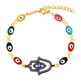 Uloveido Stainless Steel Evil Eye Chain Bracelets Hamsa Hand Fatima Cubic Zirconia Charm Bracelets Blue Eye Adjustable Amulet Protection Bracelet for Women (Y3982-gold black)