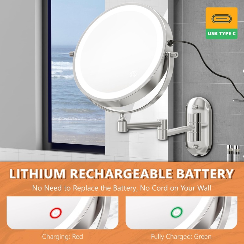 Auxmir Rechargeable Wall Mounted Lighted Makeup Mirror, 8" Double Sided
