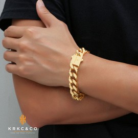 KRKC&CO 14mm Cuban Link Bracelet Men’s Flat Bracelet, 18K Gold Plated Stainless Steel, Anti-Tarnish Anti-Allergies, Miami Chains Hip Hop Jewelry Bracelets for Men Homme(18K Gold Plated, 8)